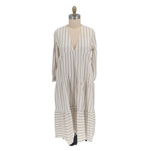 01222 Zara Striped V Neck Shift Midi Dress Cream Brown Size Large preppy spring